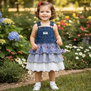 OshKosh B'gosh Floral Tiered Denim Jumper Dress size 18 Months
